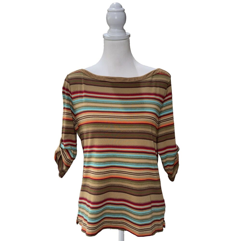 Lauren Ralph Lauren Striped Top Multicolor Cotton Boat Neck Roll Tab Sleeve XL